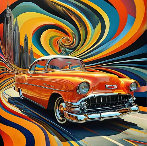 Prompt: (surrealism style), vibrant colors, (M.C. Escher-inspired) 1952 Chevy , featuring intricate geometric patterns and mind-bending perspectives, dynamic shadows and highlights, creating an illusion of depth, captivating ambiance, (ultra-detailed), emphasizing the contrast of the 1952 Chevy  against the colorful and complex roadway design, whirling orange colors and black colors and numbers, inviting viewers to explore.