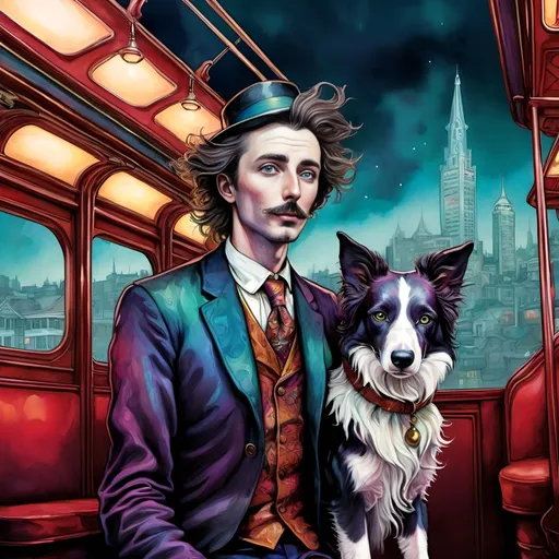 Prompt: Surrealistic, fantastical mystery mystic mythic illustration of a man his pointy eared border collie in party attire, UHD facial features, San Francisco cable car, Arthur Rackham style, vibrant colored triadic inks, bizarre, fantasy, detailed, highres, surreal, magical lighting, vibrant colors, professional, atmospheric lighting