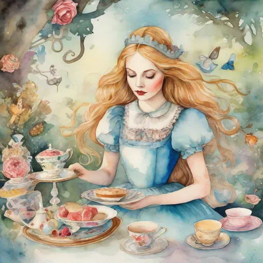 Prompt: Surreal, watercolor, gwenedd Hudson style illustration of Alice wonderland at Lewis Carroll’s Mad Tea Party, animated expressions, delicate features, flowing pastel tones, dreamlike atmosphere, ethereal, mixed media, highres, detailed, professional