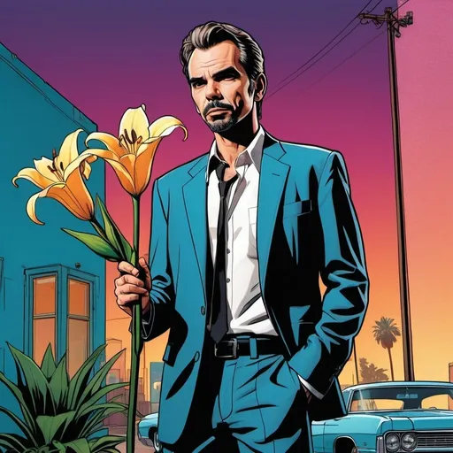Prompt: Pulp style, Full body, comic style color illustration of a man who looks billy bob thornton holding a lily, many panels comic book style, GTA-inspired background, detailed facial features, dramatic lighting, high quality, urban setting, emotional gaze, near tears, weeping