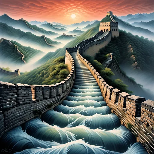 Prompt: Lucid painting of the Great Wall of China made entirely of flowing water, capturing the intricate shapes and textures of the wall in stunning clarity. Serene ambiance, reflecting gentle waves and ripples under a harmonizing light, whimsical and translucent. Background features misty mountains shrouded in a soft twilight hue, creating an atmospheric depth. Ultra-detailed, high-resolution masterpiece emphasizing the beauty of nature.