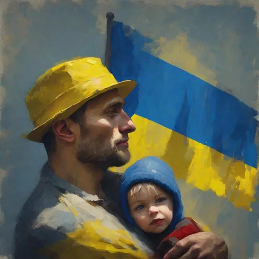 Prompt: Man in 20s wearing Ukraine hat, holding sad Ukraine child, Ukraine flag, expressionism, vibrant use of light and shadow, highres, detailed eyes, impressionistic, dark yellow, blue, vibrant lighting