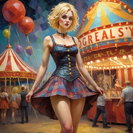 Prompt: very thick Impasto, carnival,  impressionism Portrait of a tall, slender woman with short blonde upswept hair, long legs, very short plaid dress, thick impasto, impressionism, circus setting, animals, vibrant colors, dynamic lighting, game-rpg fantasy style, detailed features, expressive brushstrokes, detailed background, professional, highres, vibrant colors, dynamic lighting, circus ring, fantasy portrait, long-legged woman, thick impasto, impressionism, detailed features