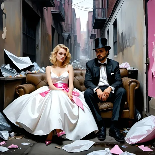 Prompt: A homeless man in bowler hat and a Drunken blonde female who looks like Evan Rachel wood dressed in a ridiculous puffy white party dress with a pink sash, are sitting in torn and distressed sofa chairs, by a broken shattered TV and other trash, in a back alley, oil painting, desolate surroundings, gritty realism, dark and somber tones, dramatic lighting, ultra-detailed, emotive, expressive faces, urban trash filled alley, reflective lighting, oil painting, desolate, gritty, dramatic lighting, somber tones, expressive faces