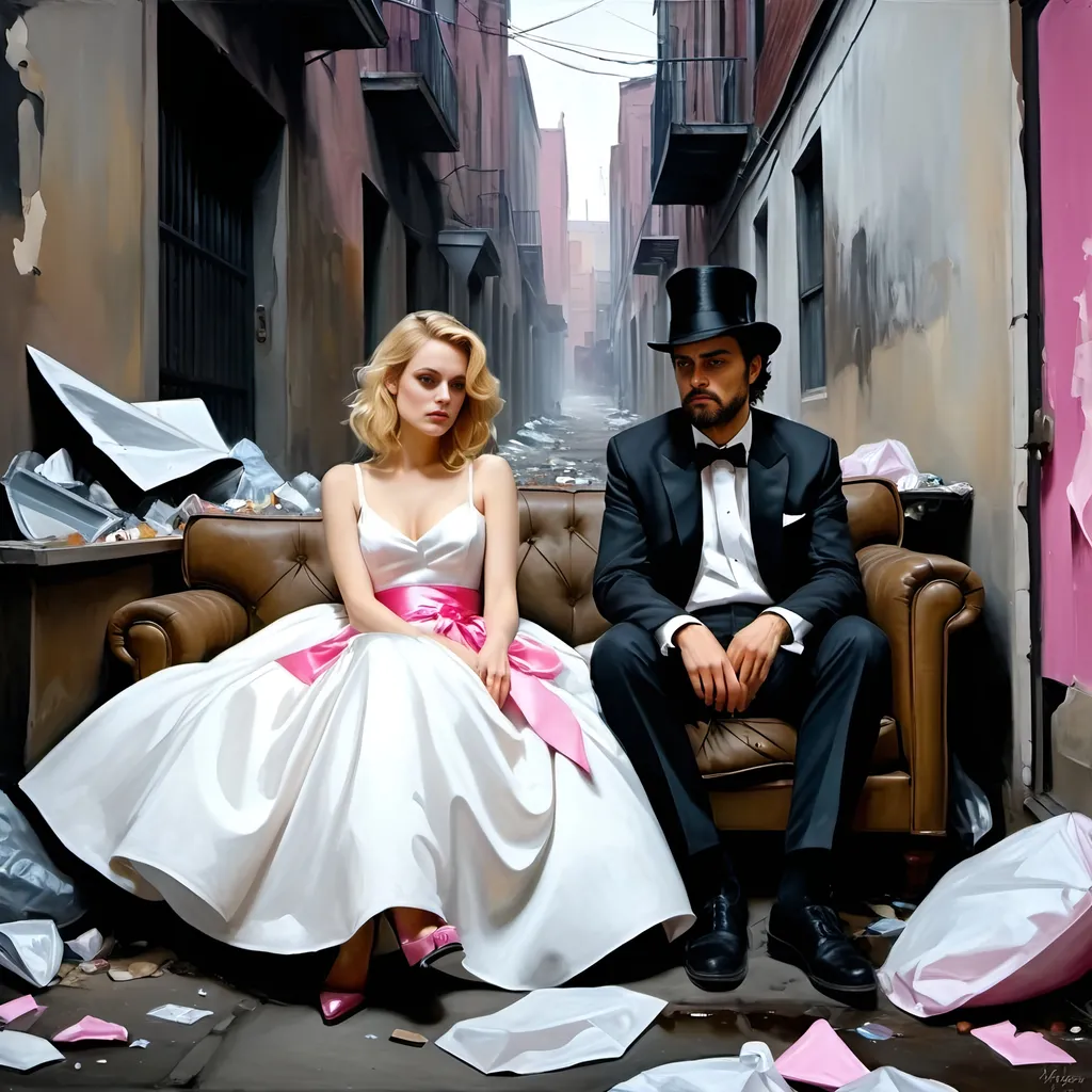 Prompt: A homeless man in bowler hat and a Drunken blonde female who looks like Evan Rachel wood dressed in a ridiculous puffy white party dress with a pink sash, are sitting in torn and distressed sofa chairs, by a broken shattered TV and other trash, in a back alley, oil painting, desolate surroundings, gritty realism, dark and somber tones, dramatic lighting, ultra-detailed, emotive, expressive faces, urban trash filled alley, reflective lighting, oil painting, desolate, gritty, dramatic lighting, somber tones, expressive faces