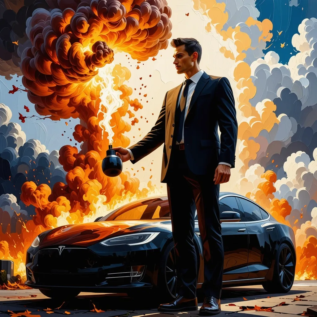 Prompt: (full body profile of a man), (sad handsomely-featured) artisan style, (inspired by Stanford Artgerm Lau, Milo Manara), (thick impasto oil painting), wide angle, (surrealism), ( comically huge time bomb with burning fuse) in hand, standing atop a Tesla car, vivid hues, exploding with emotional depth, dramatic ambience, highly detailed, captivating contrasts, engaging composition.