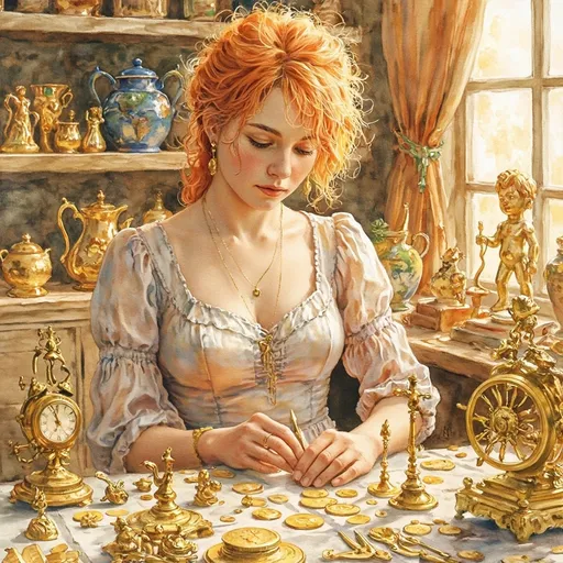 Prompt: Dreamy watercolor illustration. Close-up portrait. A 35 year old messy reddish blonde-haired woman wearing a pretty dress with a pinafore neckline with gold earrings and gold necklace. She sorts gold antique figurative statues, gold clockwork timepieces and gizmos, gold coins. Macro shot. Whimsical beachcomber style. Soft brushstrokes on reddish-blonde messy hair. Warm light dancing on table covered in gold items. Background with shelves full of gold pottery and statues. Golden hues on wooden floor. Soft, warm golden light. Best quality, highly detailed, vibrant, ethereal, serene, coastal, beachy, whimsical, dreamy, watercolor texture, impressionist.