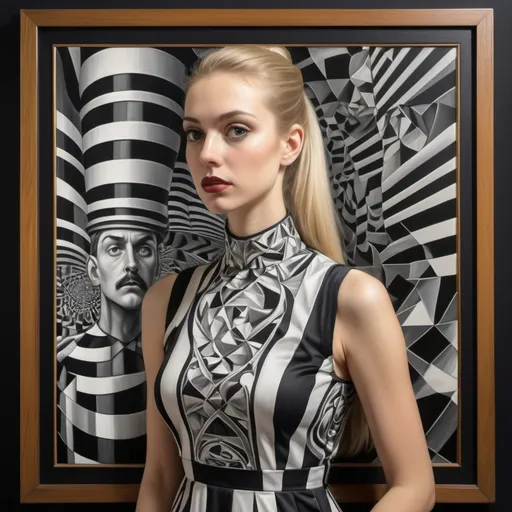 Prompt: (Art deco style), a captivating scene of M.C. Escher-inspired optical illusion, a beautiful Caucasian woman with (long golden side-ponytail blonde hair) stares at a (framed oil painting of a man). black and silver and gold tones, (woman wearing a op art 1960s very short pencil minidress with pinafore neckline) in an ornate hall, (cool color scheme), intricate and flowing patterns, delicate curves, reminiscent of Milo Manara's art, high detail, enchanting atmosphere, silver light illuminating the soft textures, serene but visually complex background, ultra-detailed masterpiece.