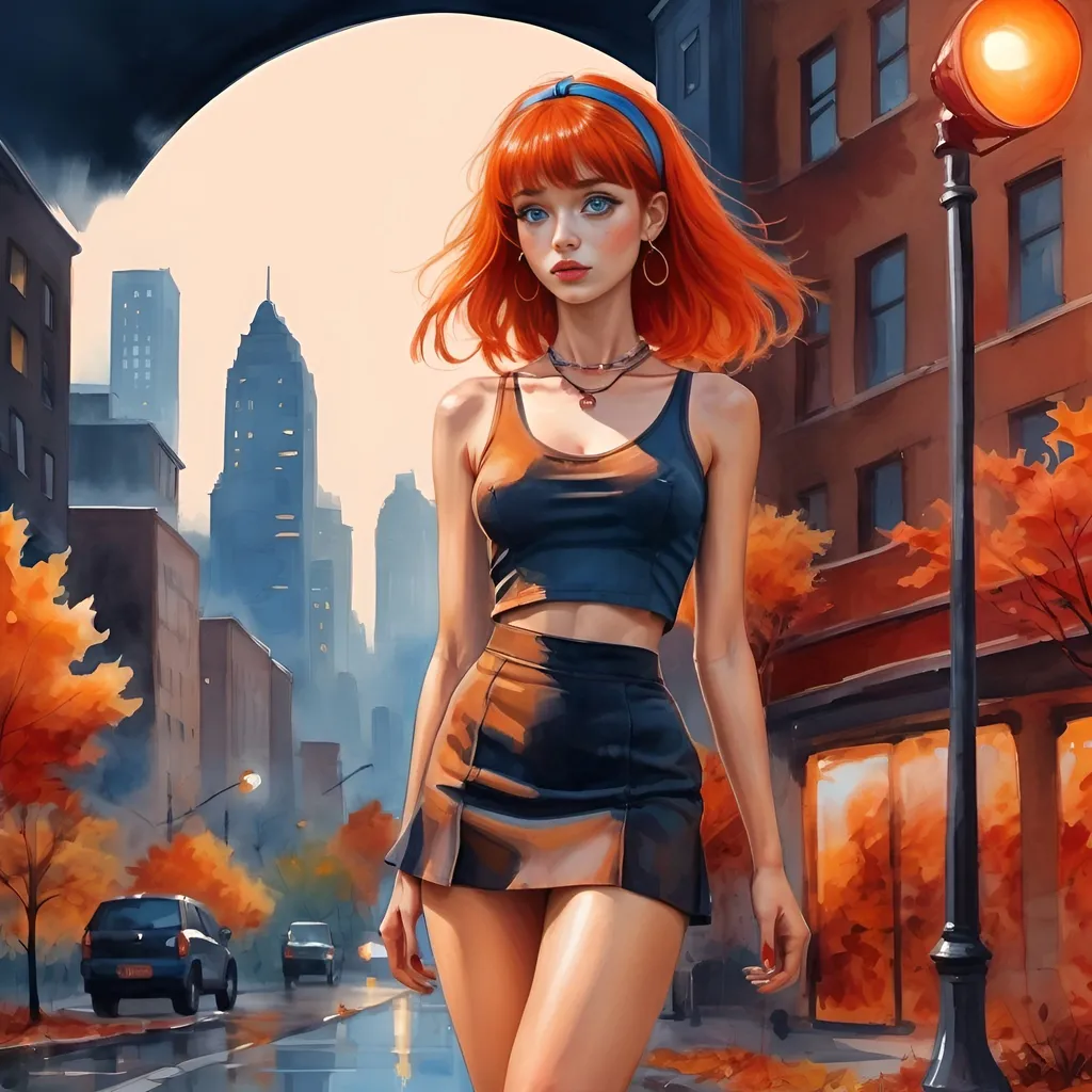 Prompt: 4k, high resolution, detailed, mixed media, colored inks, gouache, watercolor, dramatic, expressionism, pretty red bangs woman walks in park, profile angle, autumn, street light, blue eyes, short orange bangs hair, headband, small smile, midriff, orange cute very tight mini skirt reveals legs ,focus on legs, long necklace, turtleneck high heels, close up, dark colors , night,  detailed eyes, dramatic expression, autumn park, , professional, fashion , red and orange themed photo  