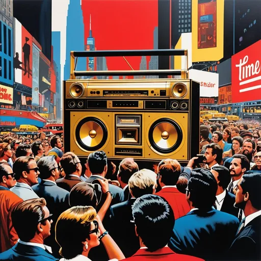 Prompt: Pop art style ink and gouache rendering of a red, black and gold 1980s giant boom box being admired by Times Square crowd, surreal long shot, vibrant colors, detailed crowd, retro pop art, surreal, busy city scene, professional, highres, vibrant colors, dynamic composition, detailed ink work, gouache rendering, 1980s style, surrealistic, crowd detail, Times Square, long shot, atmospheric lighting