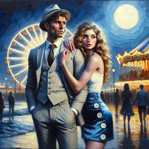 Prompt: Thick impasto oil painting with bumpy brushstrokes. Night. Bright moonlight. Two People standing at the entrance to the Santa Monica pier. A man and a woman in miniskirt. Full body shot. Caucasian Man is pale skin, sad, tall, brown hair, big brown eyes, tie, wears cool hat, 45. Woman is  beautiful blonde haired with lots of freckles. wavy hair, raw photo. She holds his arm. Carousel and Ferris wheel in background.  Slender small-waist long legs, satisfied pleased woman, two bright blue eyes, three quarter.  She wears very tight very short brash button design  denim satin miniskirt, natural textured skin, focus on her legs