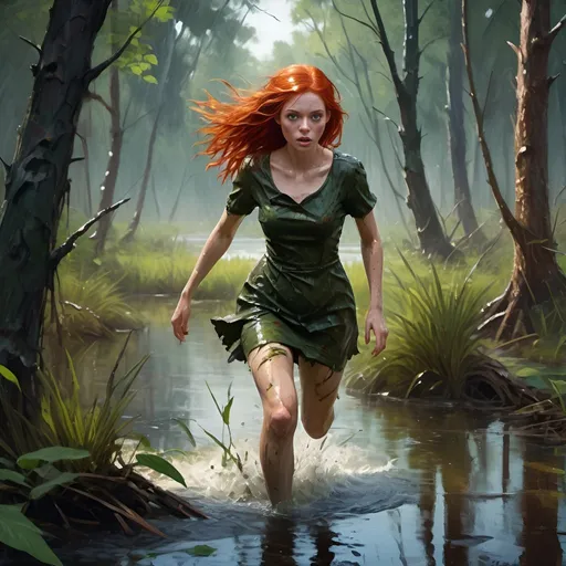 Prompt: Stylized rough impressionistic painting with large palette-knife Beautiful redhead in minidress and ripped tights, being chased through a swamp, trees, wet foliage, unreal engine 5, perfection, rich deep colors, realism, detailed face, sharp focus, swamp setting, detailed foliage, highres, perfect realism, vivid colors, intense chase, dramatic lighting