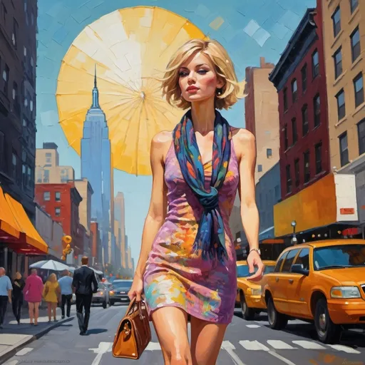 Prompt: (feminine silhouette), impressionism style, thick impasto oil painting, vibrant color, slender figure, short blonde chin-length hair, walking in a bustling New York street, seen in partial profile, sunny day, scarf, purse, makeup, lots of eccentric jewelry , very short tight minidress, dynamic atmosphere, effervescent light, warm tones, high detail, lively background with colorful storefronts and bustling crowds.