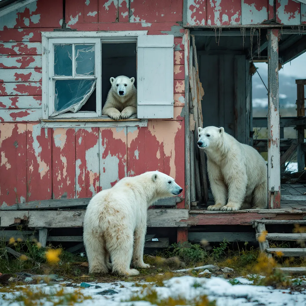 Prompt: Amidst the remnants of a dilapidated wooden house, two polar bears capture attention—their striking white fur contrasting sharply with the weathered, multicolored exterior of the structure, where peeling red paint and rotting wood tell a story of abandonment. One bear leans from a broken window, its curious gaze peering out into the desolate surroundings, while the other stands at the entrance, poised and alert, as if surveying its domain. The scene, shrouded in a somber atmosphere, depicts the intersection of nature and decay, illuminated by soft, diffused light typical of an overcast day, emphasizing the bleakness of both the environment and the bears’ presence amidst human neglect. A crumbling porch and scattered debris complete the visual narrative, evoking feelings of desolation while hinting at a world where wildlife encroaches upon forgotten human spaces.