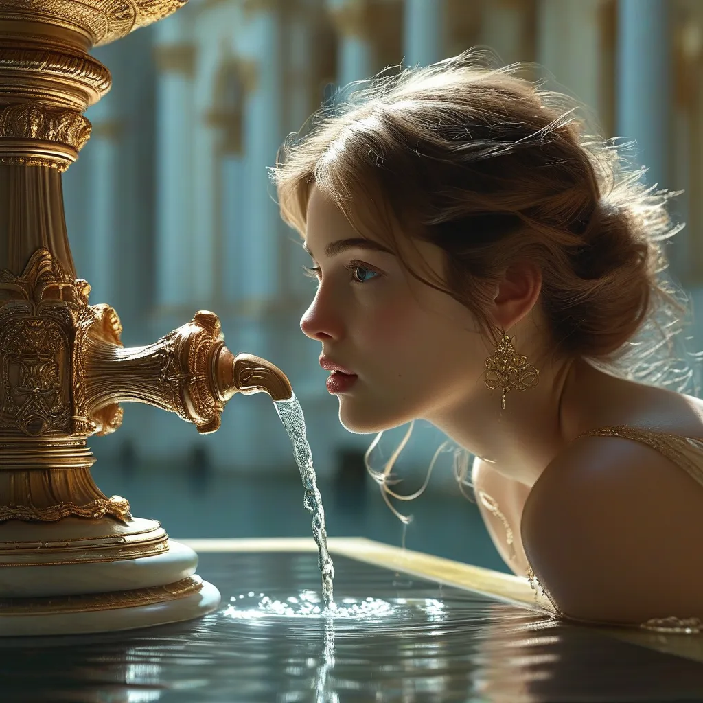 Prompt: Surreal scene, a beautiful woman bending forward, drinking from an ornate museum drinking fountain, ethereal atmosphere, soft light casting gentle reflections, intricate architecture as a backdrop, rich textures contrasting with smooth water, vivid colors accentuating the surreal elements, whimsical mood, high detail, ultra-detailed, photorealistic lighting, immersive setting.