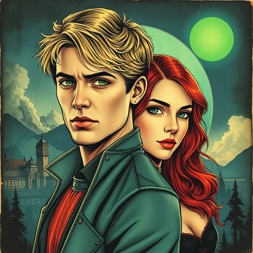 Prompt:  Luminous vintage colored ink , two attractive people (full body) wide slightly elevated angle, green eyes, blonde hair man and red hair woman, hair which covers ears, double exposure.  , striking bright eyes , fantasy, fairytale, detailed ink, steampunk dynamic poster,   art on vintage paper , fantasy,  prismatic colors, alluring steampunk man and woman in alluring futuristic garb, futuristic city, smoke,  urban landscape,  steampunk city,  night.  , mountains, green sun, dynamic pose, light on face, patchwork, stained glass,  storybook illustration, highly detailed unusual details, intricate, intricate pose, tiny details masterpiece, high quality, intricate lighting, luminism, romantic,  
