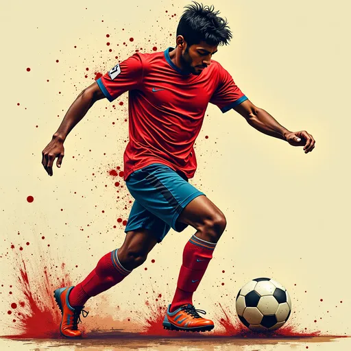 Prompt: Soccer player, mid-kick action pose, vibrant, gritty urban realism - style raw -q.2. a rough urban realist styl.