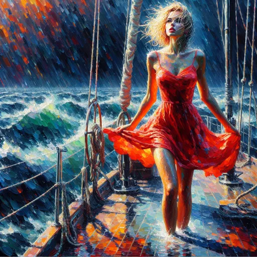 Prompt: Blonde woman on the deck of a sailboat, wet red floral sundress, perfect wet legs, ocean rainstorm, multicolored water, expressionism, dark orange and blue, vibrant use of light and shadow, high quality, expressionism, vibrant colors, detailed features, wet clothing, ocean setting, dramatic lighting