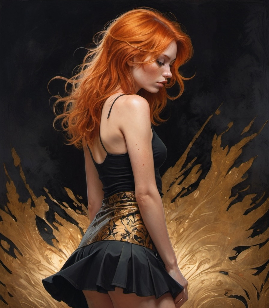 Prompt: a painting of a woman (full body) with messy wild red hair and orange hair, wearing a black velvet miniskirt, gold foil background with William morris influences, Charlie Bowater, figurative art, stanley artgerm lau, a fine art painting