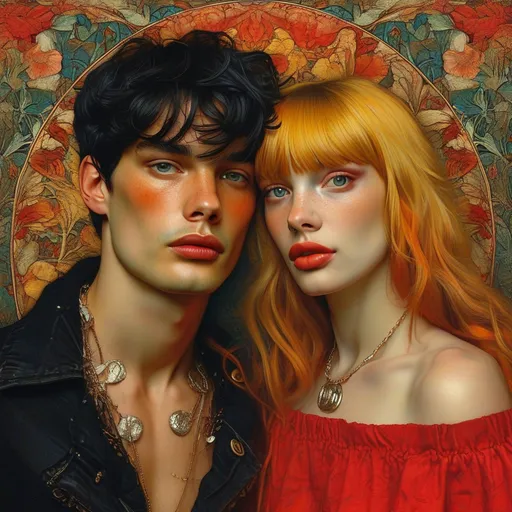 Prompt: (a seductive man and vert slender woman seen full body mid-waist, in profile with friendly eyes) both with colorful hair and makeup with a red face paint on one side of his face and thick fog in the background, blonde bangs woman wears red miniskirt, man wears black jeans, jeans with big silver buckle, Anna Dittmann, gothic art, highly detailed digital painting, a photorealistic painting with a surreal William Morris’s inspired background 