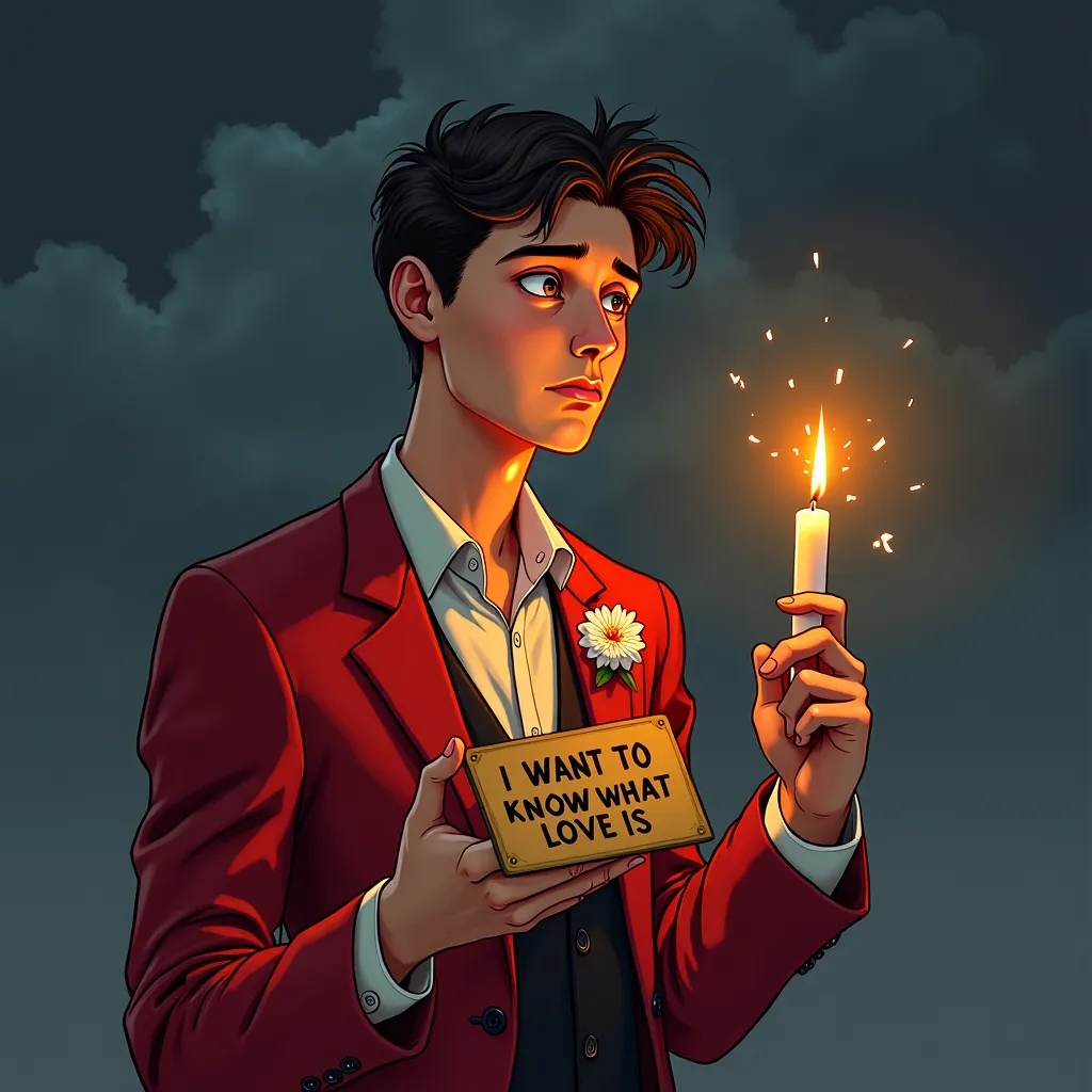 Prompt: a worried wary man in a red velvet suit with white carnation in lapel is holding a lit candle and a sign that says [I Want To Know What Love Is]  on it, with a dark sky behind him, Cyril Rolando, neo-romanticism, dark gothic fantasy art, a storybook illustration