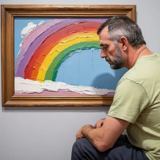 Prompt: thick impasto oil painting of sad man looking at a framed photo of a rainbow, thick bumpy paint strokes