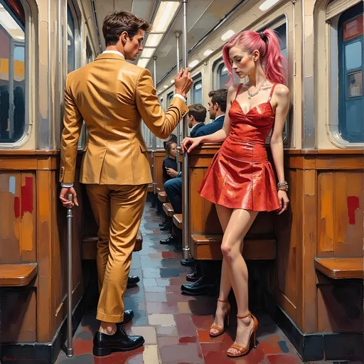 Prompt: (vibrant watercolor style) A slender man in a tan suit in a tight train corridor, passing a pretty, drunken woman with a petite physique and a reddish-pink hair ponytail  tight train corridor, wearing a bright red short dress. She is adorned with an array of bracelets, necklaces, and rings, exuding a lively, festive atmosphere. The background features abstract colors blending harmoniously, enhancing the dynamic interaction between the two figures. (ultra-detailed)