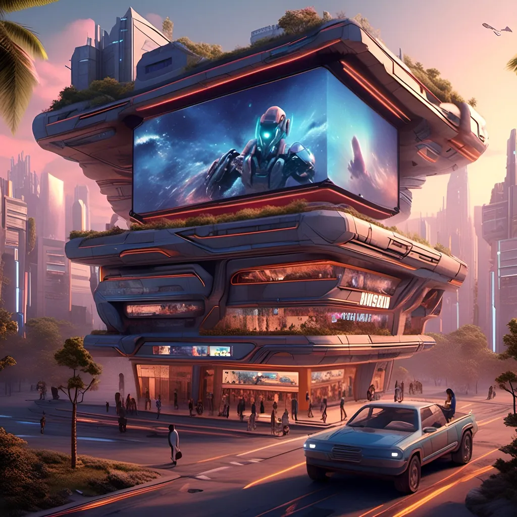 Prompt: <mymodel>Futuristic movie theater, holographic screens, immersive audio systems, sleek and modern architecture, high-tech seating, interactive movie posters, 4K resolution, ultra-detailed, futuristic, immersive, high-tech, sleek design, professional, atmospheric lighting