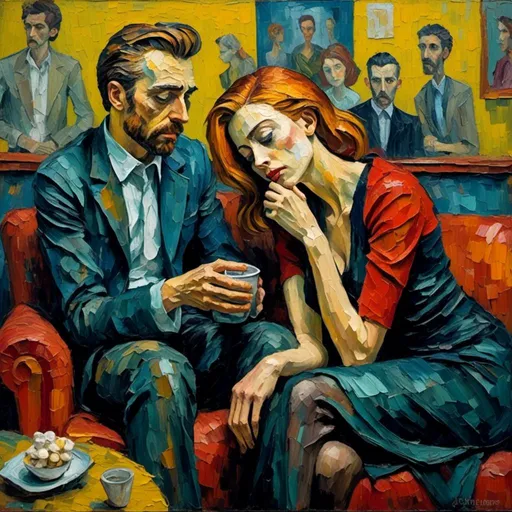 Prompt: <mymodel>abstract expressionism, attractive male psychologist, sad tearful woman, psychologist eating popcorn, chair, couch, emotional atmosphere, intense brushstrokes, vibrant colors, distressed expressions, high energy, raw emotion, large canvas, powerful composition, style Van Gogh and Dali, Picasso, Will Barnet