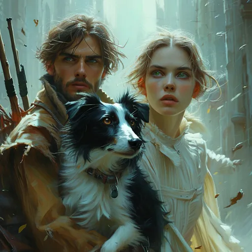 Prompt: Surreal pastel portrait, (ethereal atmosphere), Caucasian blue eyed man and green eyed woman woman running with their black and white pointy eared border collie, they carry hunting knives, post-apocalyptic battleground, soft pastel colors, misty and surreal lighting, slightly glowing hues, sense of urgency and determination, ruins and broken structures in the background, high detail and ultra-detailed, 4K realism, cinematic depth, high contrast between characters and background, floating particulate matter, dramatic composition.