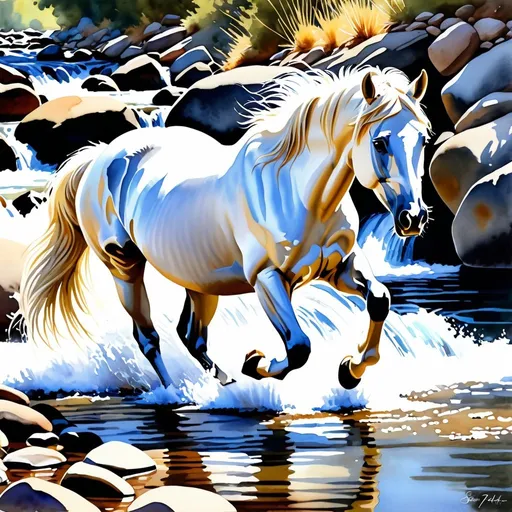 Prompt: Watercolor painting of a wild white horse drinking from rushing river, Steve Hanks style, dynamic watercolor, empty saddle, dangling reins, river rocks, river foam, detailed water reflections, high quality, detailed watercolor, serene, water reflections, realistic, artistic, natural lighting