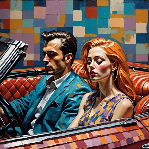 Prompt: <mymodel>Pop art painting of a woman and a man driiving a convertible, high definition, partial profile, looking up, strong colors, dripping paint, checkerboard background 
, vibrant, detailed, retro, dynamic lighting