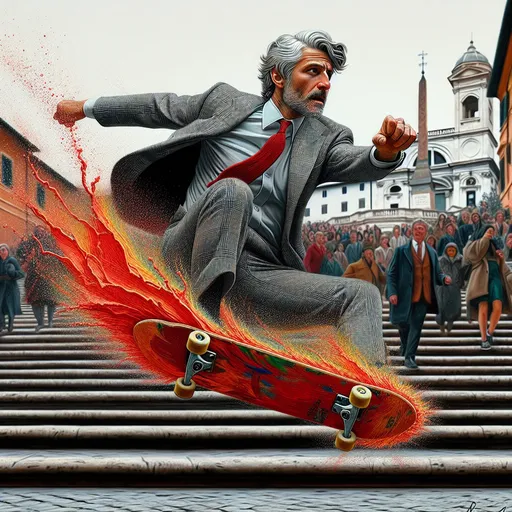 Prompt: A gray haired businessman in a gray flannel suit rides  a red glitter skateboard down the Spanish steps in Rome and launches into air. Pop art detailed facial features. Wild motion. Unusual angle. Colored oil, thick palette knife swirling, splatter-splash as Skateboard create splash as big crowd of tourists run away from man.