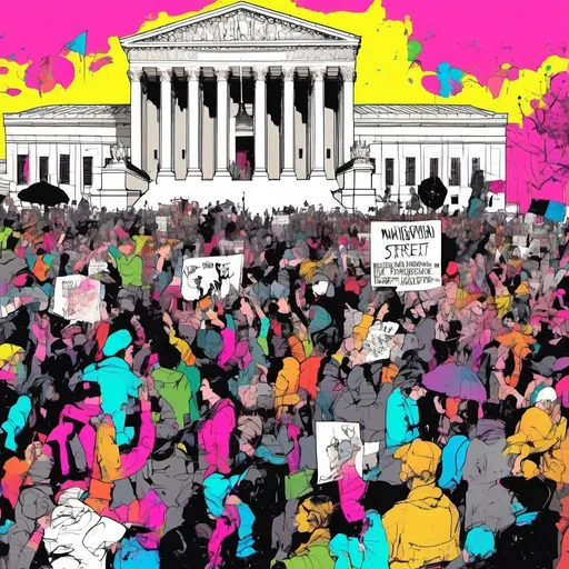 Prompt: (Banksy-inspired art), vibrant street art style, huge crowd protesting outside the US Supreme Court 