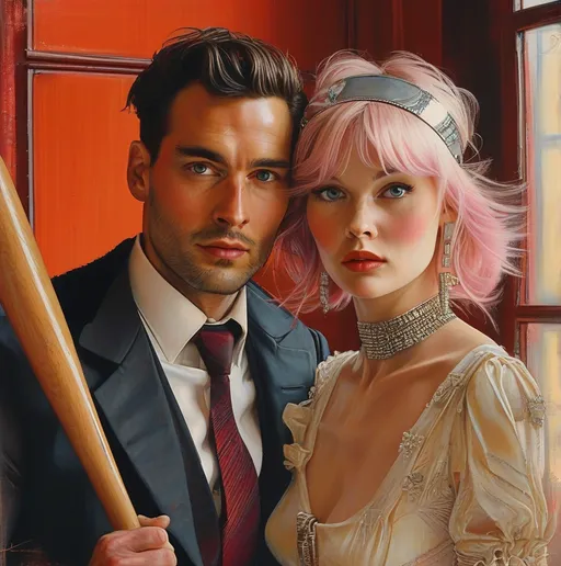 Prompt: Two person portrait of man in suit and very slender small waist woman in pleated short skirt suits  staring at each other. Red and black tones. Ink drawing. Acrylic, gouache, colored pencils, watercolor, mixed media. Charming FULL BODY portrait of very slender pale blue eyed blond-brown-pink-reddish haired  beautiful females who (holds a large baseball bat)  looks like actress Claudia Jessie and rebecca Ferguson , silver choker, square neckline , long necklace with long dangling jewel headband. The man is tall, very slender (and holds an apple pie in his hands). Large framed portraits by Steve hanks, Robert Maguire, Milo manara,  room with colorful walls, window with view, vibrant and cluttered, high-contrast art, 4k, detailed, frames, impressionist, modern, vibrant colors, artistic chaos, surreal lighting