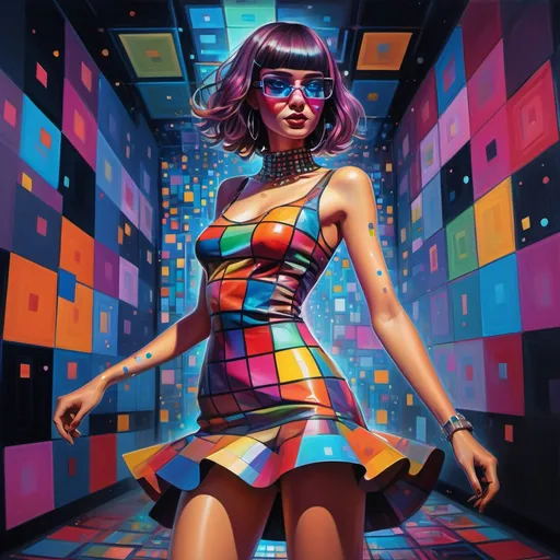 Prompt: a full length, full body, painting of a woman in a flared minidress dancing at a nightclub (she can be seen with colorful squares around her face and eyes, with a colorful background of squares and dots) style Android Jones, analytical art, highly detailed digital painting, cyberpunk art