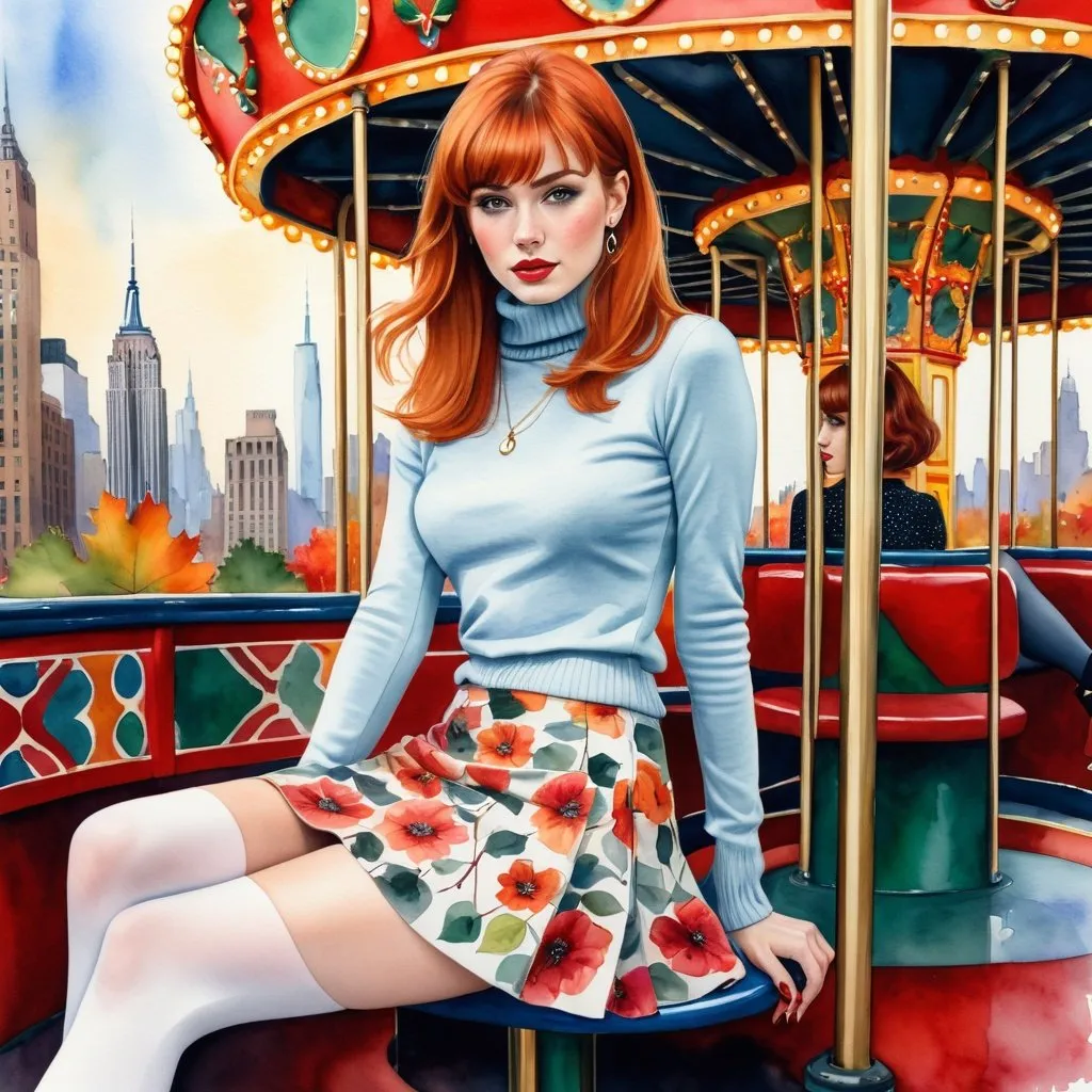 Prompt: Watercolor, gauche, mixed media, surreal. A beautiful slender 27 year old woman wearing a turtleneck sweater, sitting legs apart, on a New York City merry go round, red head bangs hair cut, deep hazel eyes, very short tight floral miniskirt, pale skin, skin colored tights, tall buildings, leaves, autumn, symmetrical face, long necklace, slight freckles on face and slight imperfections on skin, high heels, Bright eyes with highlights, professional lighting, highly detailed photo, full body, 