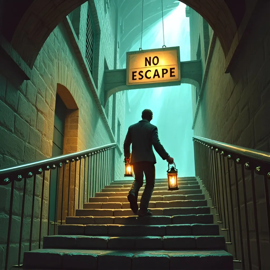 Prompt: a man with a lantern in his hand running down a staircase and a sign above him that says [NO ESCAPE], Dirk Crabeth, fantasy art.