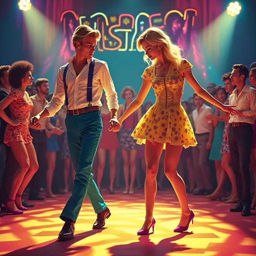 Prompt: (vibrant color scheme) pop art style, (1969 American Bandstand theme), lively dance contest atmosphere, blonde couples dancing energetically, retro outfits with bold patterns, dynamic poses, electric energy and excitement, large spectators in the background, bright stage lights casting colorful spotlights, ultra-detailed, immersive scene, capturing the essence of a lively 1960s television show. Accurately spelled text (AMERICAN BANDSTAND)