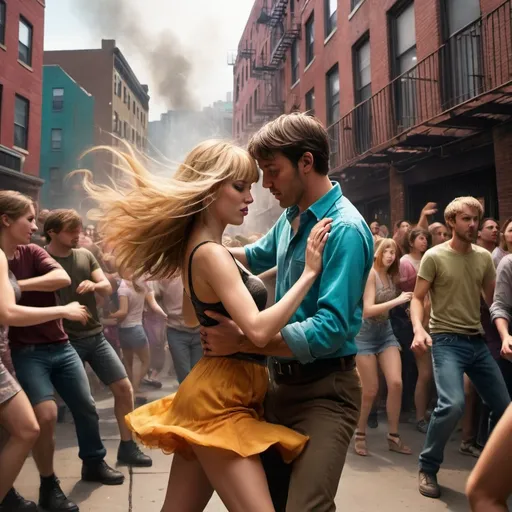 Prompt: Dancing Block party in a (misc-dystopian) post-apocalyptic street scene, (vibrant colors) swirling through the air, a tall, short brown hair man, and woman with medium length blonde bangs hair woman slow dancing embedded amidst a lively crowd, very crowded. Emotion and movement, her short and tight skirt surrounded by movement. An enchanting atmosphere with a live band performing on a tenement fire escape, capturing the essence of urban resilience. (Ultra-detailed) urban backdrop, full of textures and life, creating a unique and colorful juxtaposition. 