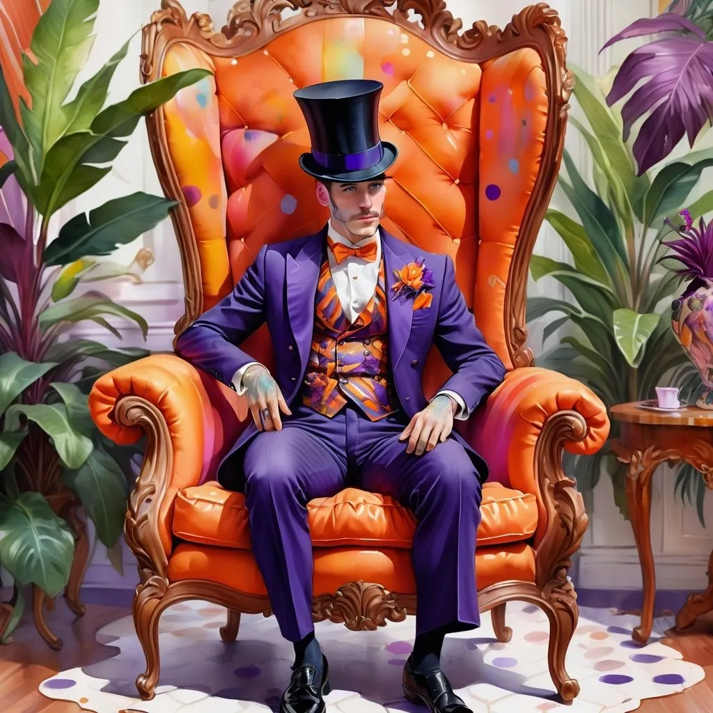Prompt: digital watercolor painting, a man wearing an intricate three piece suit and top hat, sitting in a ornate wing back chair, a room painted orange  with bizarre very large purple and rainbow striped tropical plants, orange polka dots, bold brush strokes, art deco 