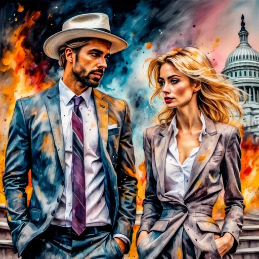 Prompt: <mymodel> Colored pencils, mixed media, gouache, watercolor, ink. Pastel tones. A man and a woman. Intense emotions. Full body shot. Man is worried, tall, trendy suit, cool hat, 45. Woman is beautiful blonde haired with very short skirt, many freckles. wavy hair, raw photo. US capitol building on fire in background. She wears very tight, very short thigh-high Green Polka dot satin miniskirt with cropped tourist tee shirt, she has natural textured skin, she holds up protest sign. 