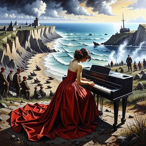 Prompt: (thick impasto oil painting), (dark color scheme), (surrealism style), a sad, devastated pianist in a long red gown is in the foreground (aerial angle) as she plays on a bluff during the D-day Normandy invasion. Battle Chaos on the beach below.