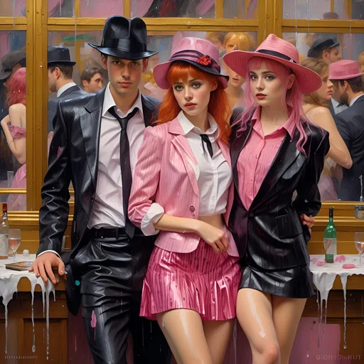 Prompt: <mymodel>medium close up of a (young man in black  suit and hat)  (pretty 21 year old dark pink bangs hair Woman (very short pink striped satin miniskirt, cropped top and high heels) UHD facial features, detailed eyes, hair, perfect legs, alluring clothes, (both with very wet hair) trapped in a (wet water-splashed life-size glass cubicle), dark room with (black empty walls), emphasizing isolation and vulnerability, figurative art, inspired by F. Scott Hess, reflecting deep emotions, (naturally textured realistic skin), (soaking wet clothing), stylistically aligned with Milo Manara, dramatic lighting to cast intriguing shadows, high detail, evocative atmosphere. Cinematic lighting.