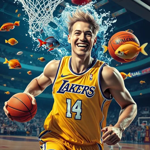 Prompt: (surrealism), cool color scheme, (pop art style), vibrant colors, (figurative art), smiling determined male, blond man running, slam dunking basketball, Los Angeles Lakers tank top, water-flooded basketball arena, colorful fish swimming, dynamic water splash on face, crisp details, (high-quality 4K), energetic atmosphere, unconventional composition contrasting sports action with underwater elements, surreal blend of motion and tranquility.