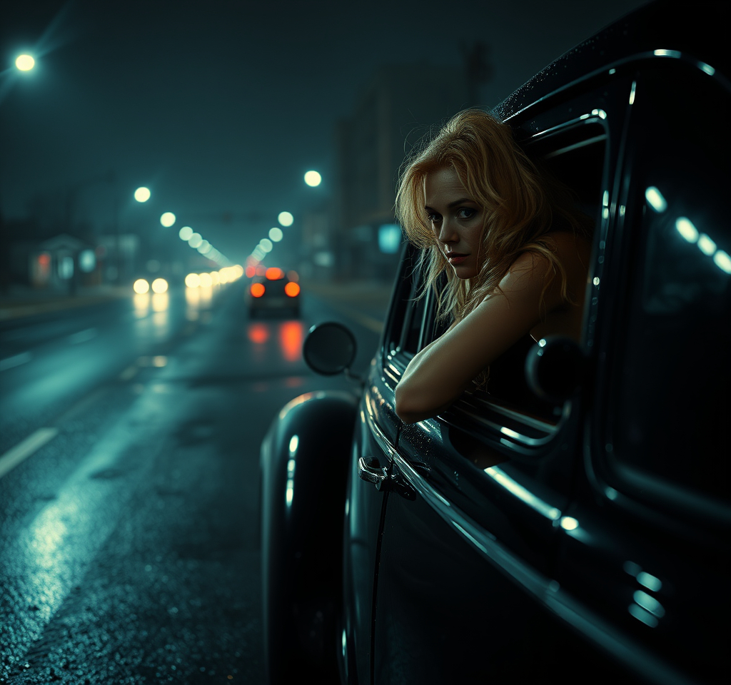 Prompt: photorealistic, (film noir) style, (cool color scheme), a nighttime setting, dark and moody atmosphere, a slick wet road reflecting city lights, a desperate woman with flowing blonde hair leaning out of the window, vintage 1940s car, dramatic lighting casting deep shadows, captivating tension, ultra-detailed, cinematic depth.