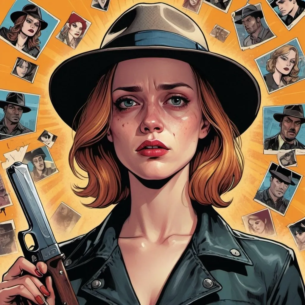 Prompt: Pulp-style color illustration of a woman who looks like Evan Rachel wood in a hat, with a switchblade, many panels comic book style, GTA-inspired background, detailed facial features, dramatic lighting, high quality, urban setting, emotional gaze, near tears, weeping