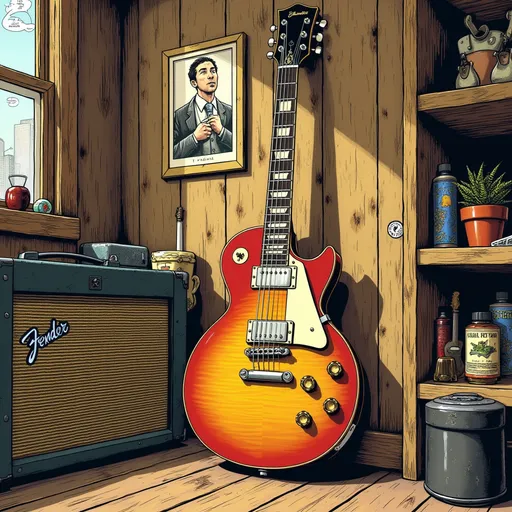 Prompt: Junji Ito manga style, inside a guitar store there is one only highly detailed guitar displayed on a vintage wall (old wood, decals). This one guitar is a 1959 Les Paul vintage guitar,  next to it is a fender amp, Manga scene.