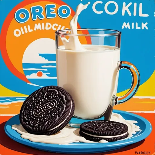 Prompt:  Thick impasto oil painting of a Oreo cookie being dipped in a glass of milk, depicted as a key element of a 1960s travel poster 