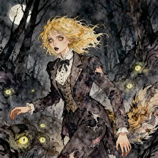Prompt: A mischievous messy blonde hair woman, dressed in a tattered Victorian-era suit, navigates a dark moonlit forest. His fur is rendered with the textured, flowing patterns of alcohol ink art, and his eyes gleam with a hint of horror. Strange, glowing eyes dot the landscape, casting an eerie light. The style is a dark, whimsical storybook illustration, with a touch of gothic fantasy